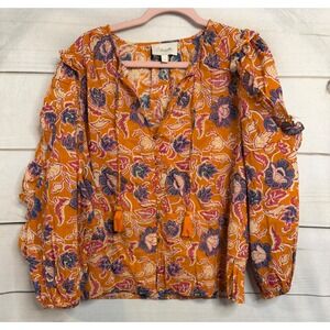 Cleobella Orange Floral Organic Cotton Ruffle Blouse Tassel Tie Top Small